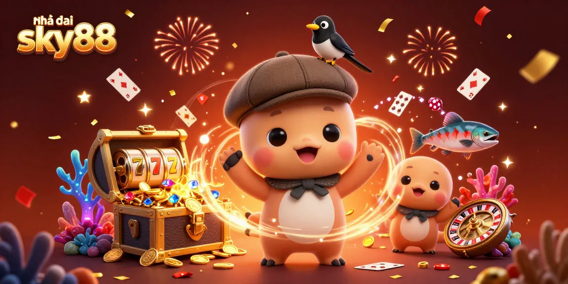 Explore the exciting world of Nhà cái sky88 with characters amidst joyous gambling festivities.