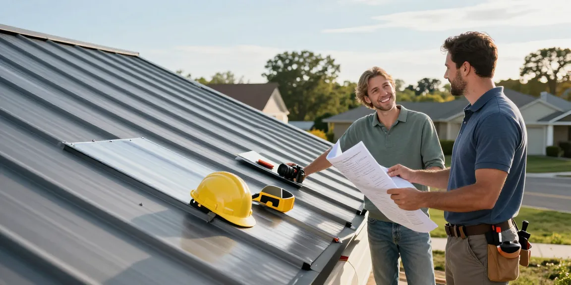 Homeowner choosing a metal roof company with contractor discussing plans.