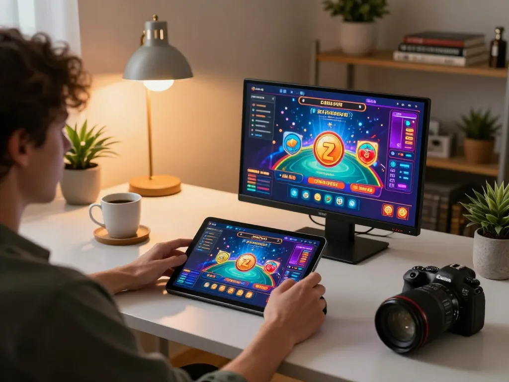 Engaging in a game đổi thưởng on a tablet at home, with ambient warm light enhancing the gaming atmosphere