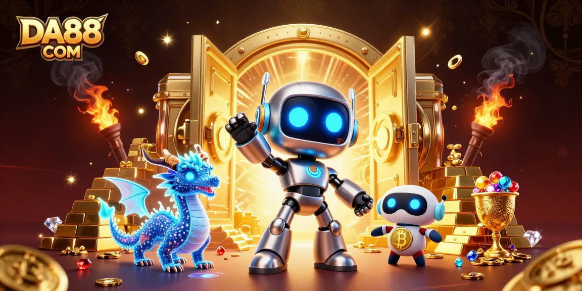 Experience thrilling action with DA88 COM and cartoon robots in a vibrant casino scene.
