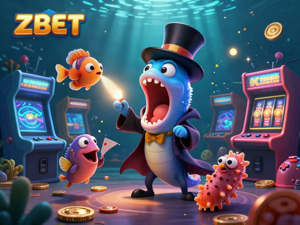 ZBET showcases a vibrant underwater casino magic act with a deep-sea gulper eel and iconic gaming elements.