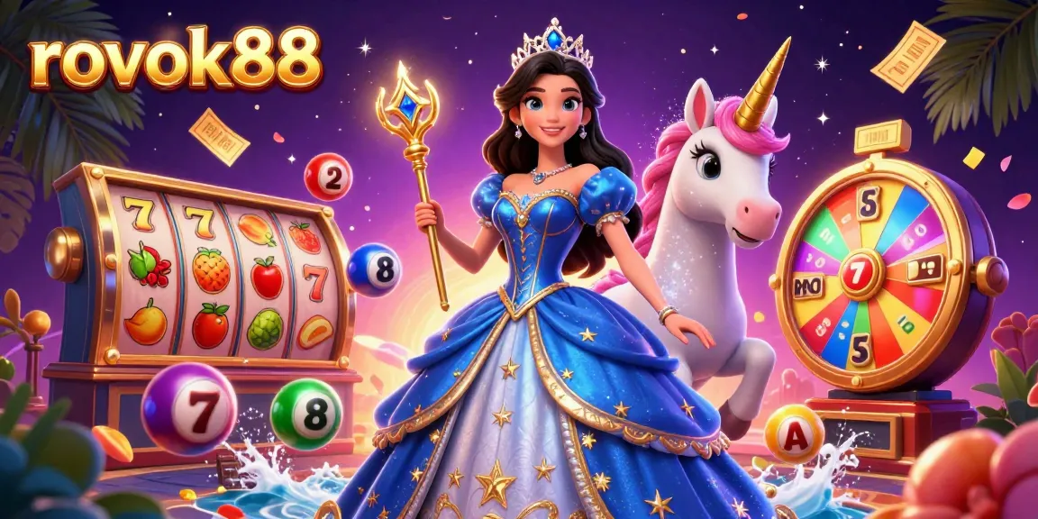 Experience the excitement of rokok88's jackpot slots with vibrant, magical characters and sparkling elements.