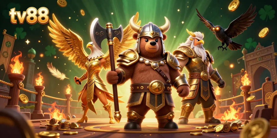 Engage with tv88's thrilling scene featuring a Viking bear warrior and Valkyrie eagle amidst a vibrant betting arena.