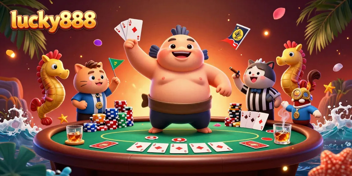 Experience thrilling gameplay with lucky888 in this vibrant underwater poker scene featuring friendly characters and dynamic casino elements.