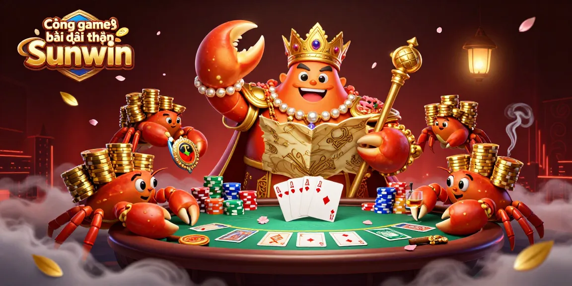 Cổng game bài đổi thưởng Sunwin showcases a vibrant scene with a golden crab emperor and poker elements for online gambling excitement.