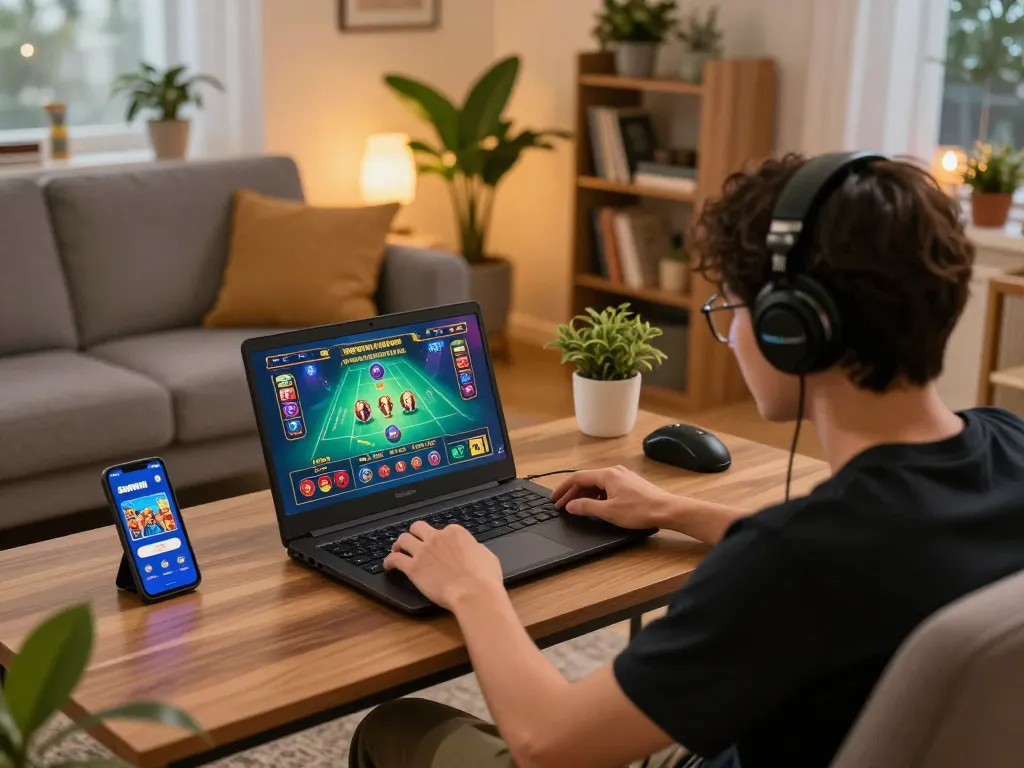 SUNWIN player engaged in an exciting online game at home, showcasing strategic gameplay in a cozy environment.