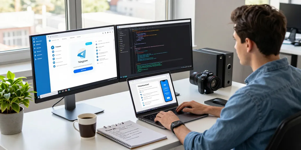 Explore Telegram download in a modern tech workspace with a developer engaged in coding and app features.