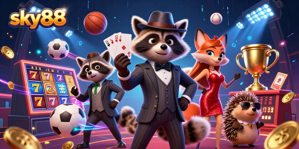 Experience thrilling gameplay at sky88 with a suave raccoon, fox lady, and hedgehog bouncer.