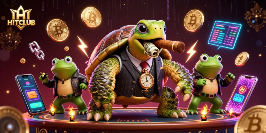 HITCLUB showcases a vibrant casino scene with a mobster turtle and frog enforcers amidst crypto elements.