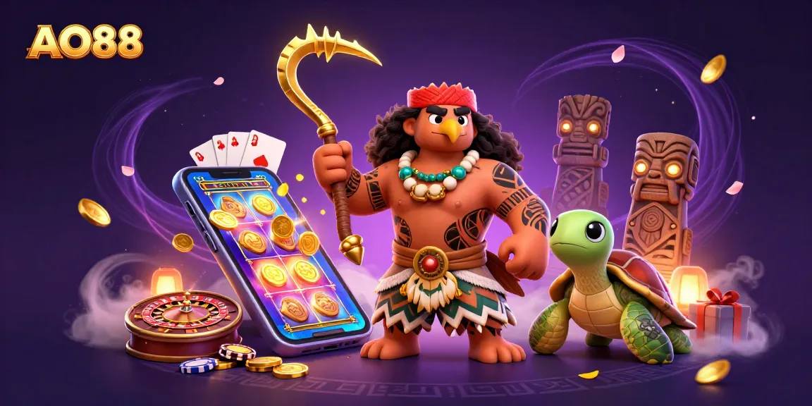 Engage with the thrilling games at AO88, featuring a vibrant Polynesian demigod in an exciting casino scene.