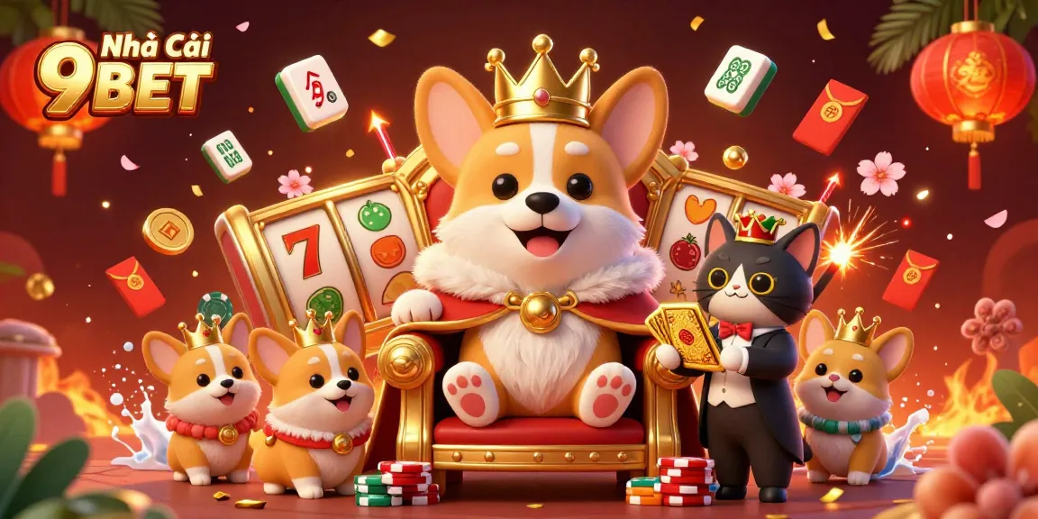 Engage with Nhà Cái 9BET through this vibrant, dynamic illustration of gambling excitement, featuring adorable characters and casino symbols.