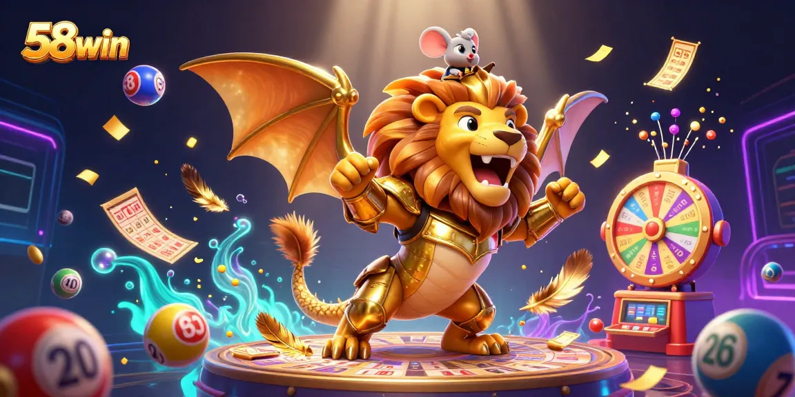 Engage with 58win's thrilling gaming experience featuring a golden chimera and vibrant gaming elements
