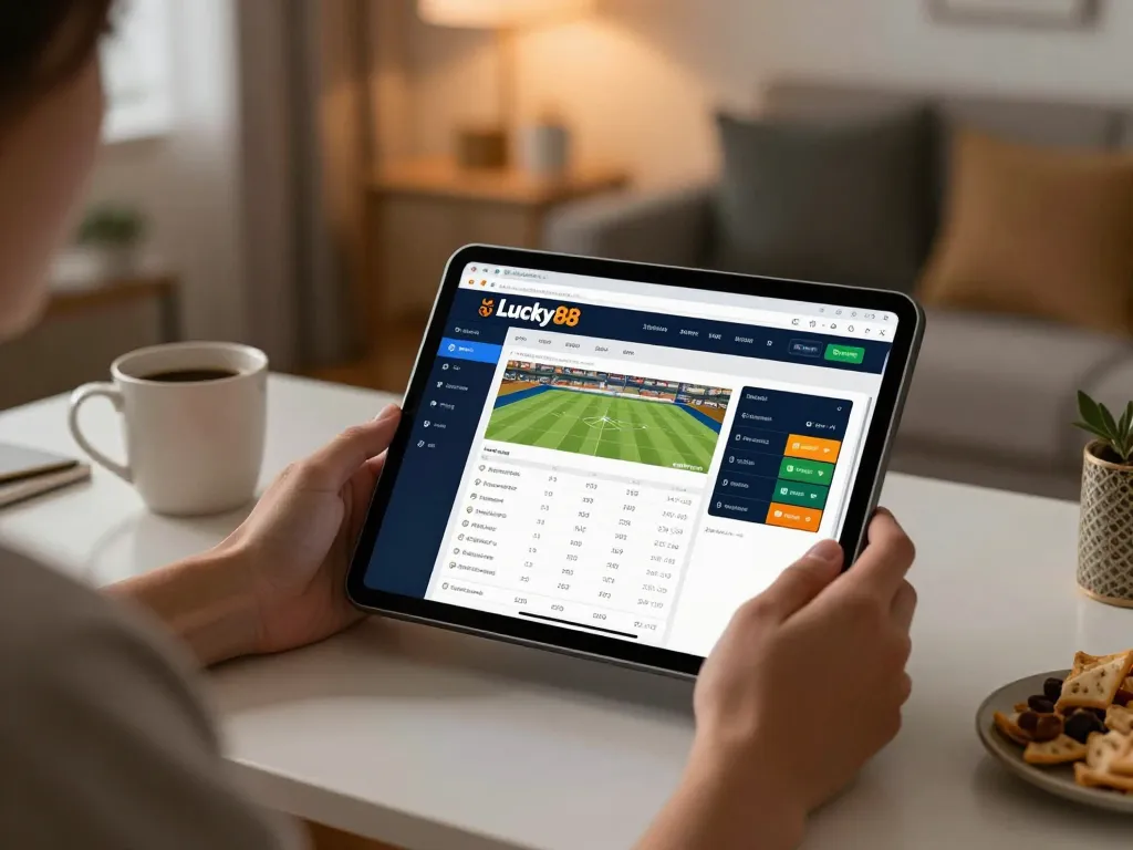 Engaging in online gambling with Link nhà cái Lucky88 app displayed on tablet in a cozy home setting.