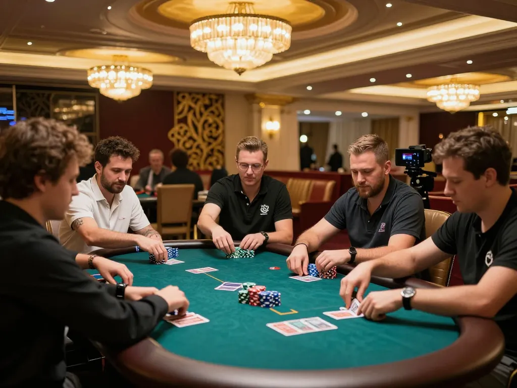 Players strategizing at a poker table in a stylish casino, with mm88star branding enhancing the competitive atmosphere.
