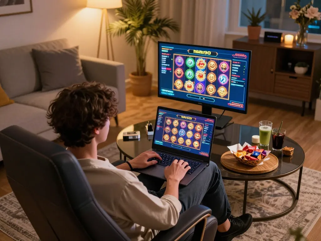 Nohu90 online gaming experience with person engaging in a colorful slot game from home.