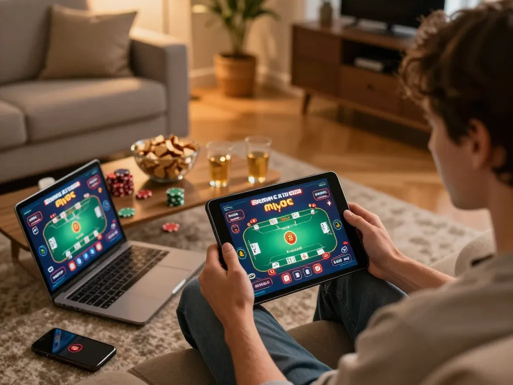 Engaged user exploring the 8day casino app on a tablet in a cozy home setting.