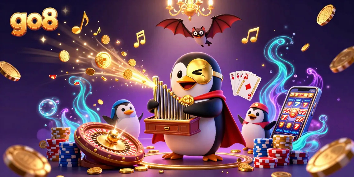 Experience go8 excitement with a 3D phantom opera penguin amidst golden coins and casino elements.