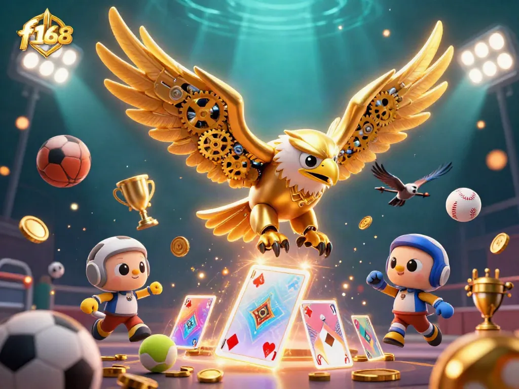 Engage with the thrilling world of f168 through dynamic, holographic casino elements and a vibrant cybernetic eagle.