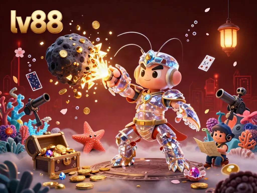 lv88 casino experience with a galactic samurai shrimp amidst treasure, cards, and jewels.