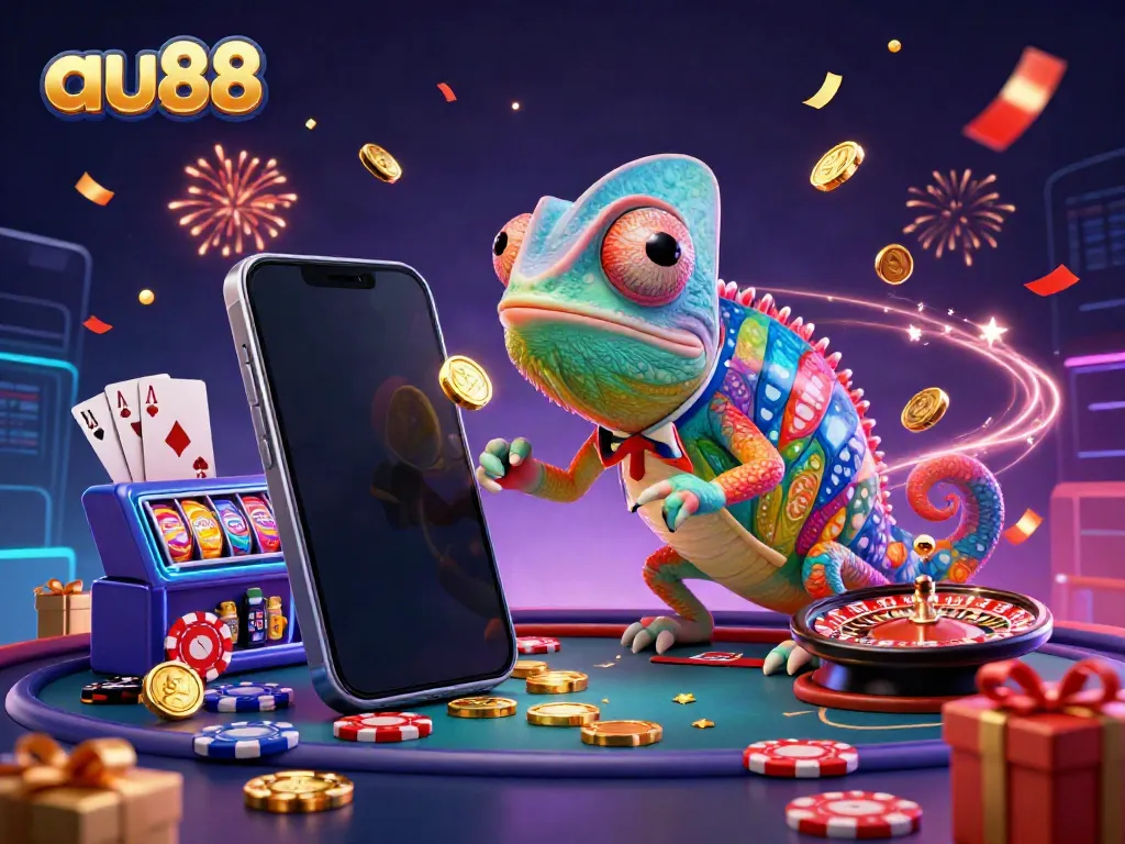 Experience the thrill of gambling at au88 with a colorful chameleon casino owner and diverse game elements.