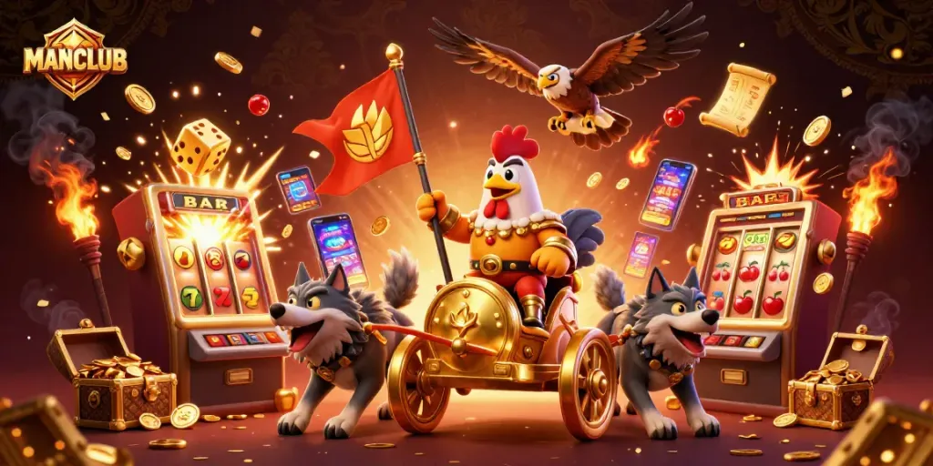 Engage with MANCLUB's thrilling casino adventures featuring a rooster warlord and gold coins.