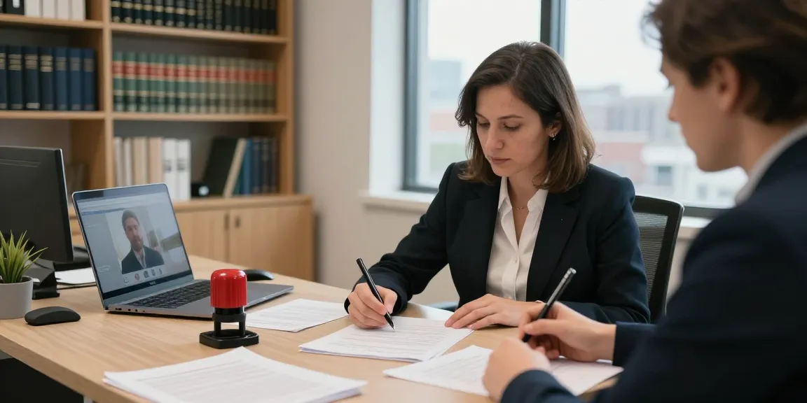 Notary public in Brampton Ontario assisting clients with legal document notarization in a modern office.