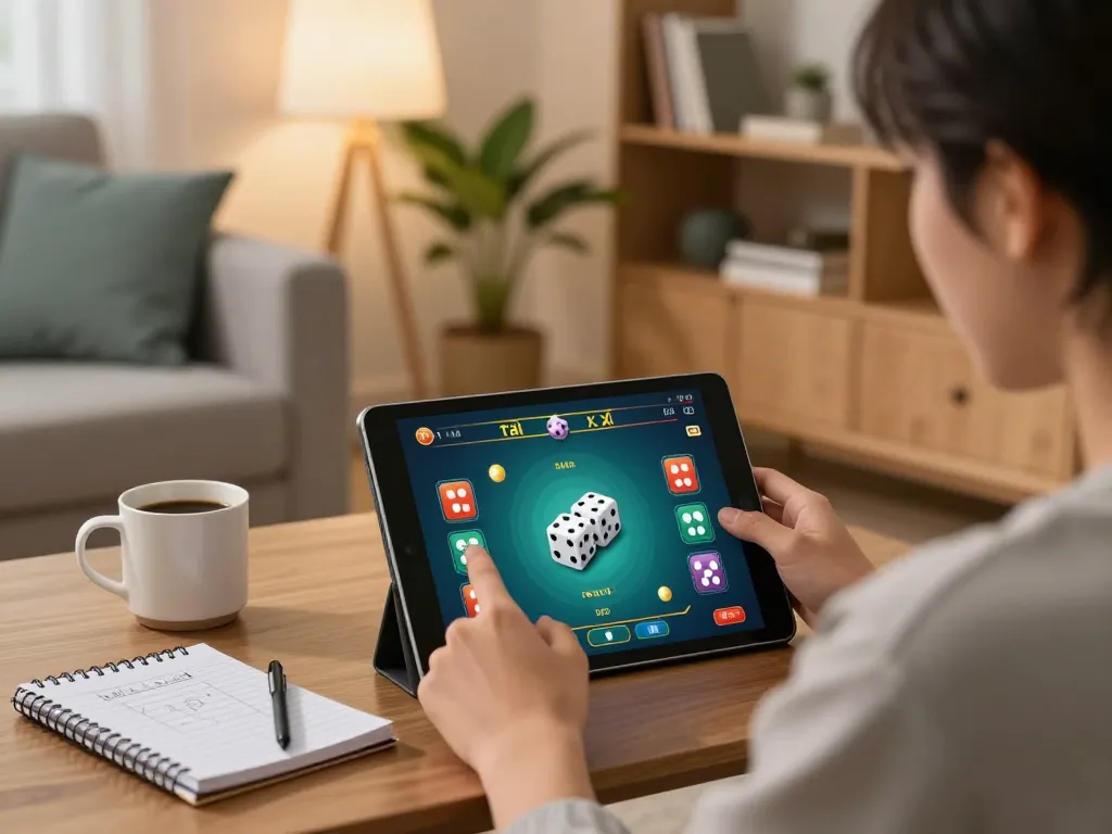 Engaged player enjoying tài xỉu online on tablet in a cozy home setting, showcasing responsible gaming.