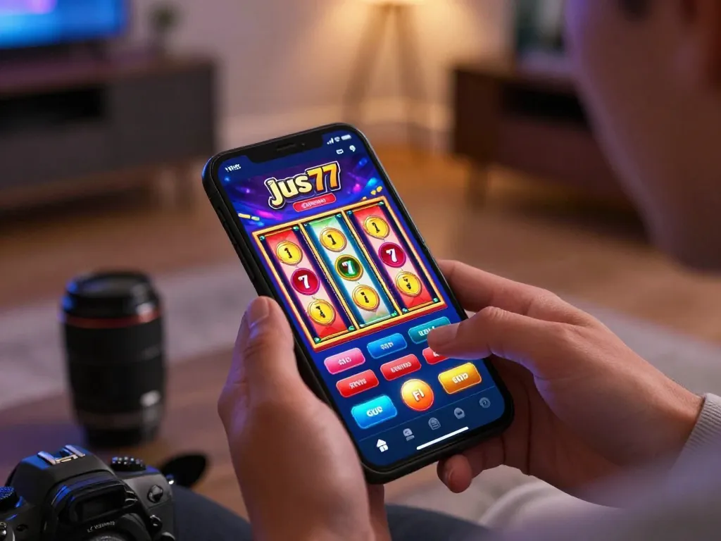 Playing jus77 on a mobile device with colorful slot reels visible in a cozy home setting.