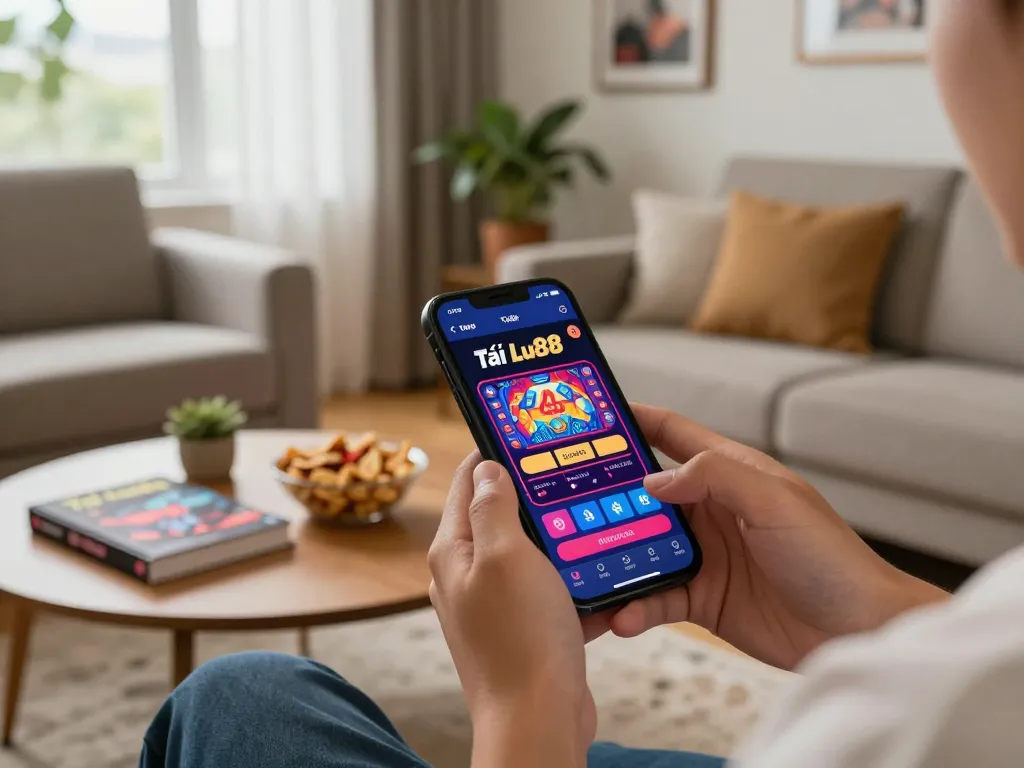 Tải app Lu88 on a smartphone with vibrant graphics in a cozy home gambling setup