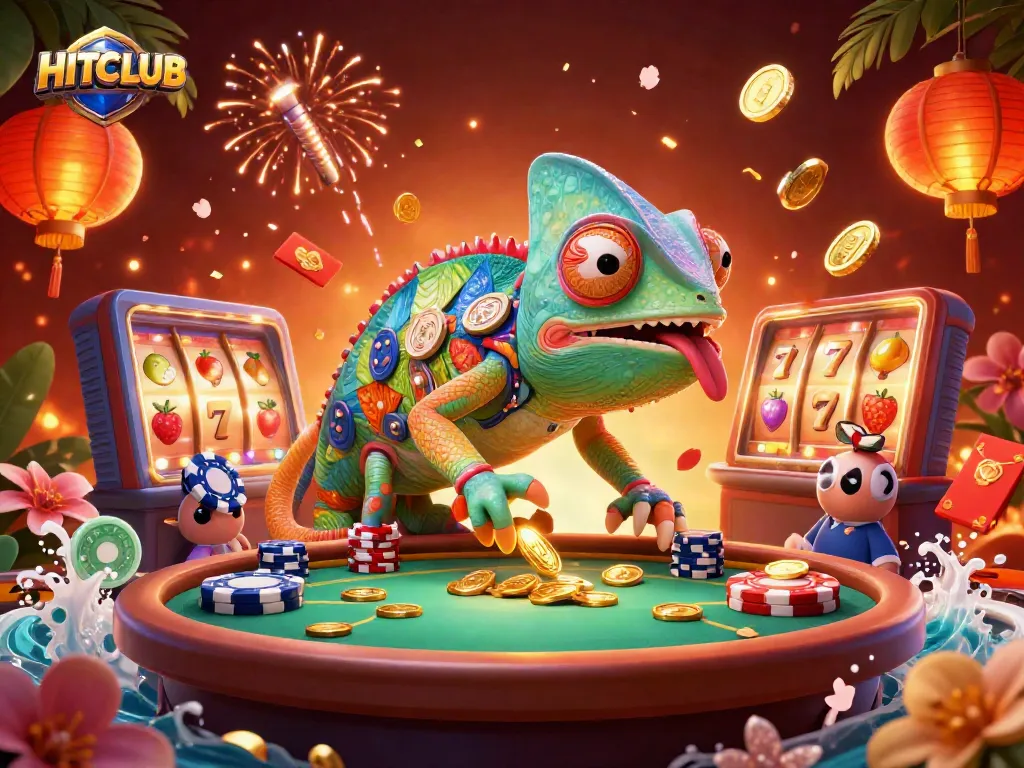 Experience the excitement of HITCLUB's lively casino scene, featuring vibrant slot machines and animated characters.