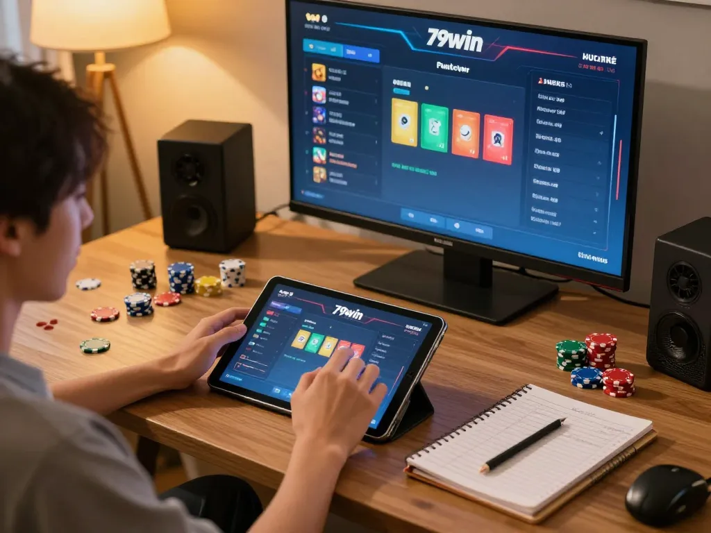 Engaged user playing 79win online casino on tablet, surrounded by strategy notes and gaming accessories.