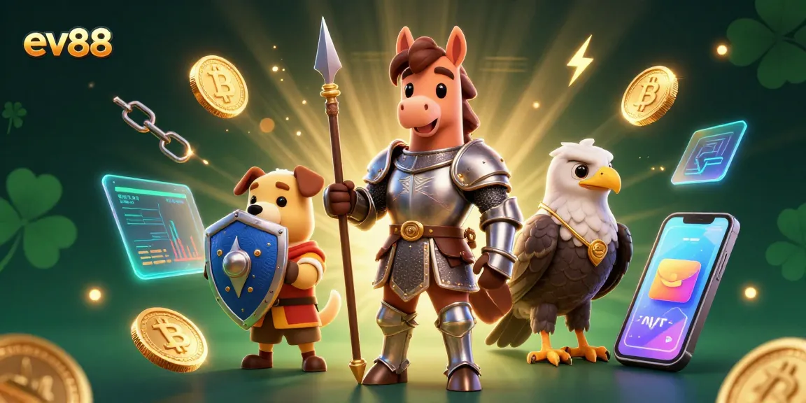 Win at digital gaming with ev88, featuring a knight, puppy, and falcon in a vibrant casino scene.