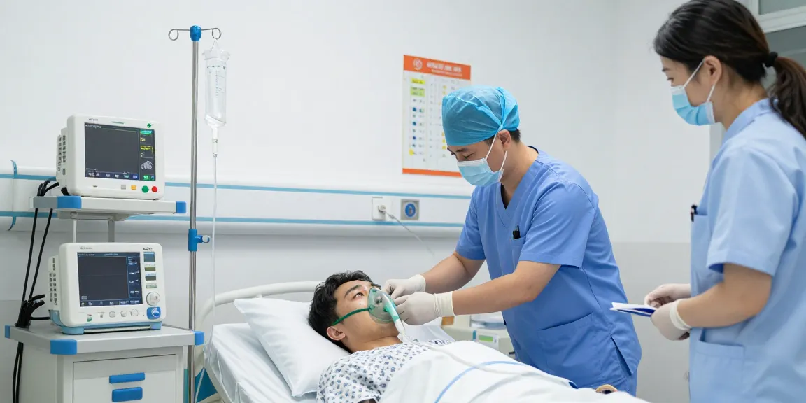 A medical professional applying an oxygen mask to a patient in a hospital emergency room.