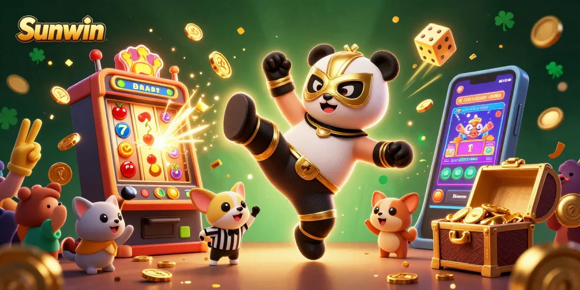 Sunwin's vibrant casino scene showcasing a panda in a flying kick amid a jackpot explosion, engaging players.