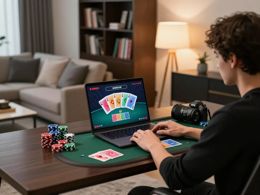 Engaging online poker gameplay on laptop with 888b casino interface in a cozy modern living room.