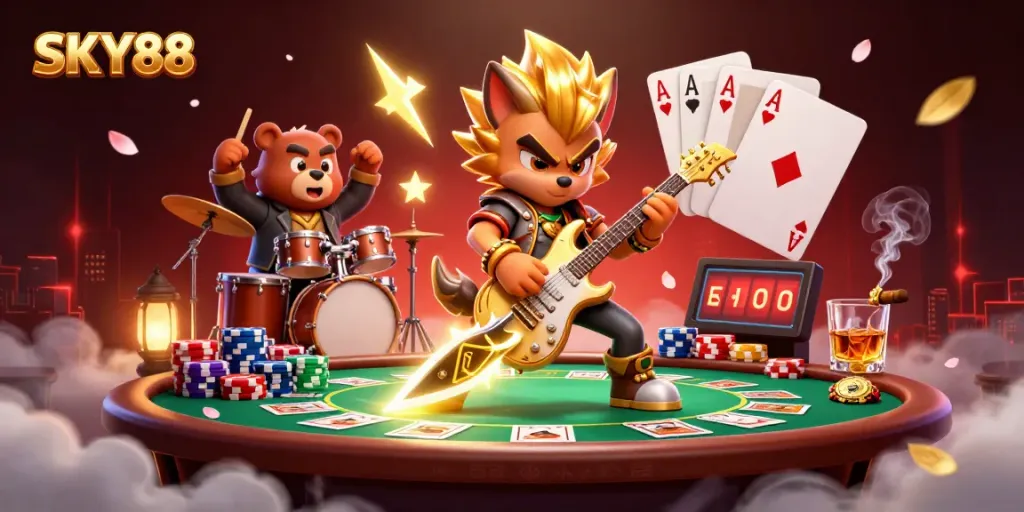 SKY88 showcases a vibrant casino scene with a rock star wolf and wild drummer bear bringing excitement.