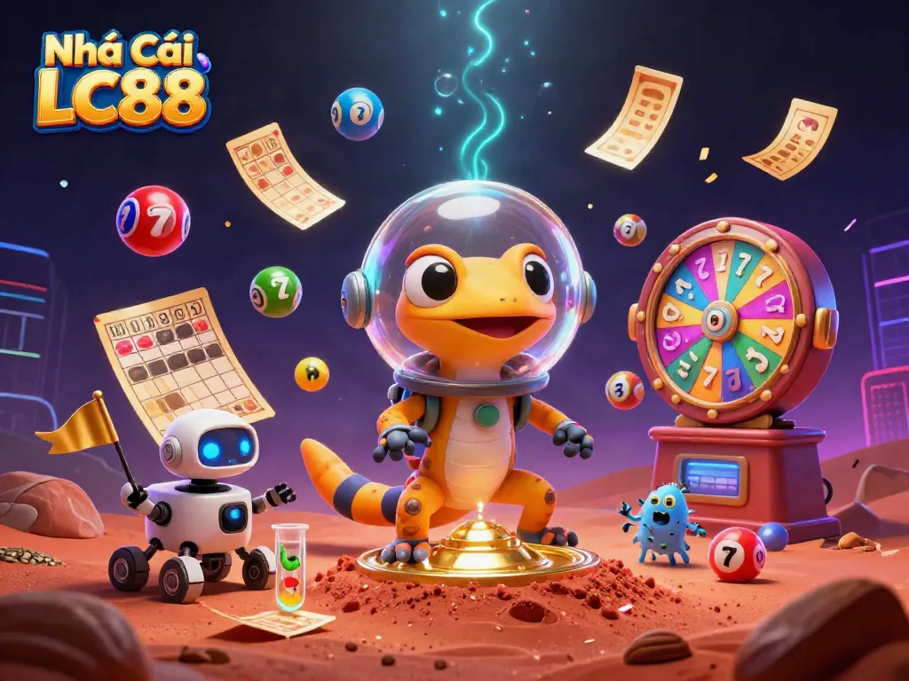 Experience the vibrant excitement of Nhà Cái LC88 with colorful casino elements celebrating jackpots and lotteries.