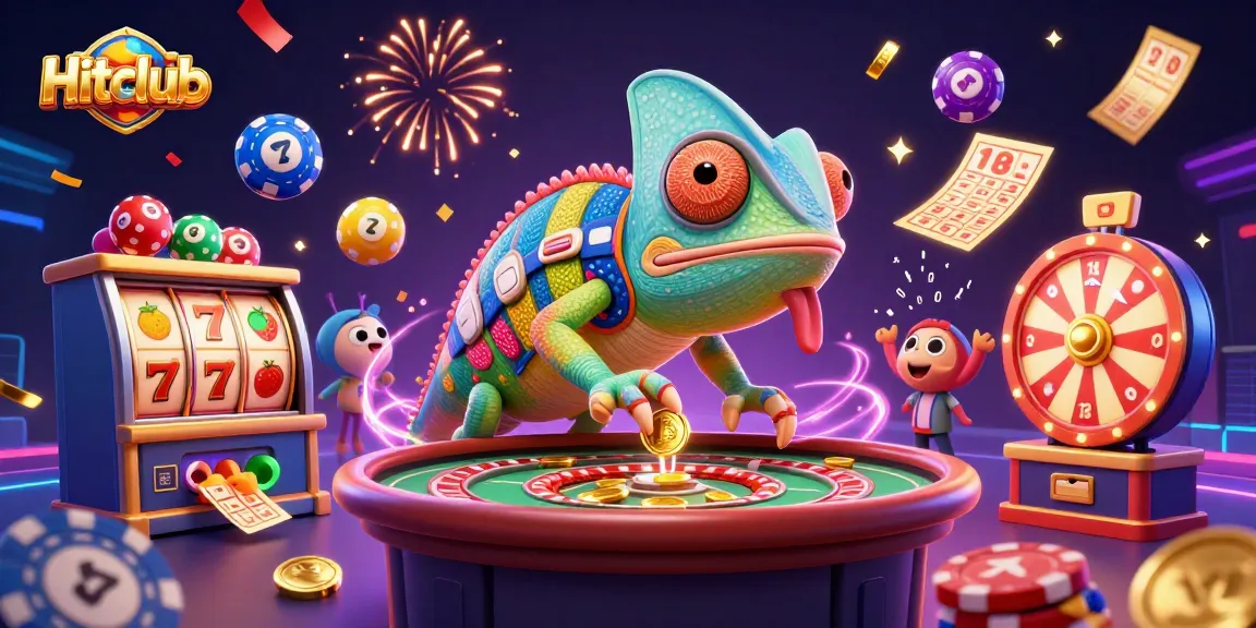 Play exciting games at Hitclub, featuring vibrant slot reels, lottery balls, and golden tickets.