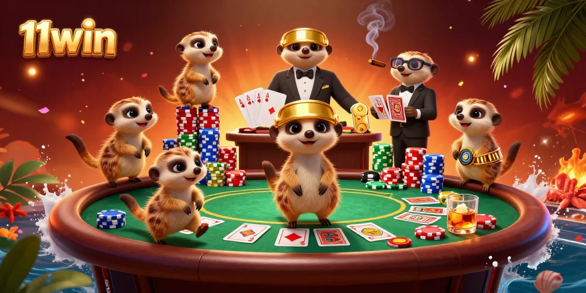 Meerkats managing a vibrant casino scene at 11win with poker excitement and dynamic action.