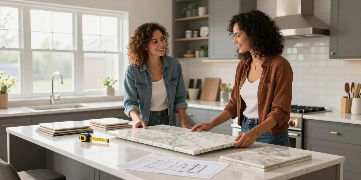 Stylish homeowner choosing quartz countertops Hamilton during a design consultation.