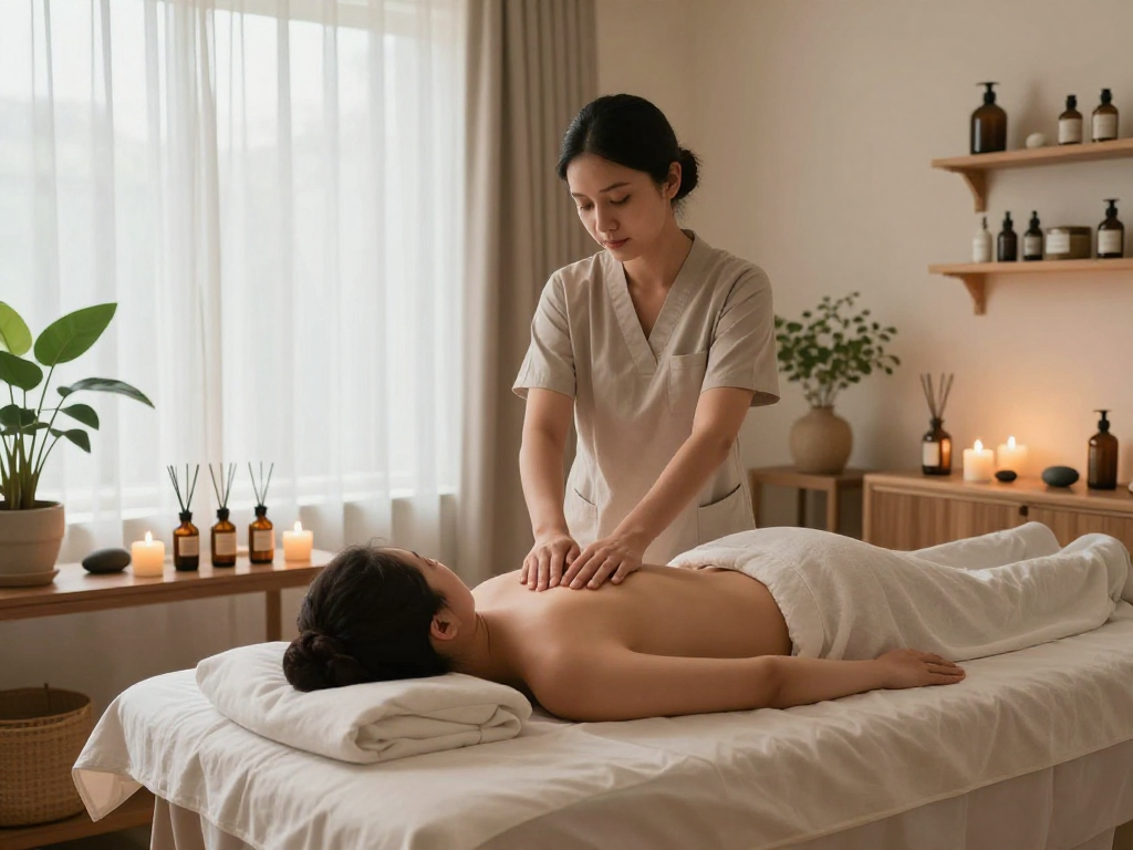Relaxing massage therapy session showcasing 판교출장안마 in a tranquil studio with natural light and calming decor.