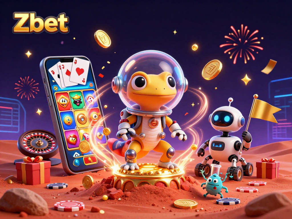 Zbet brings excitement with a 3D Martian gecko discovering a golden casino in space-themed illustration.