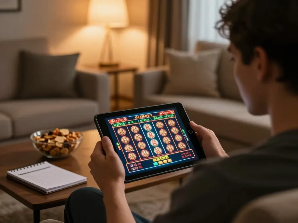 Play exciting slot games on link go99 in a cozy living room with snacks and strategies.