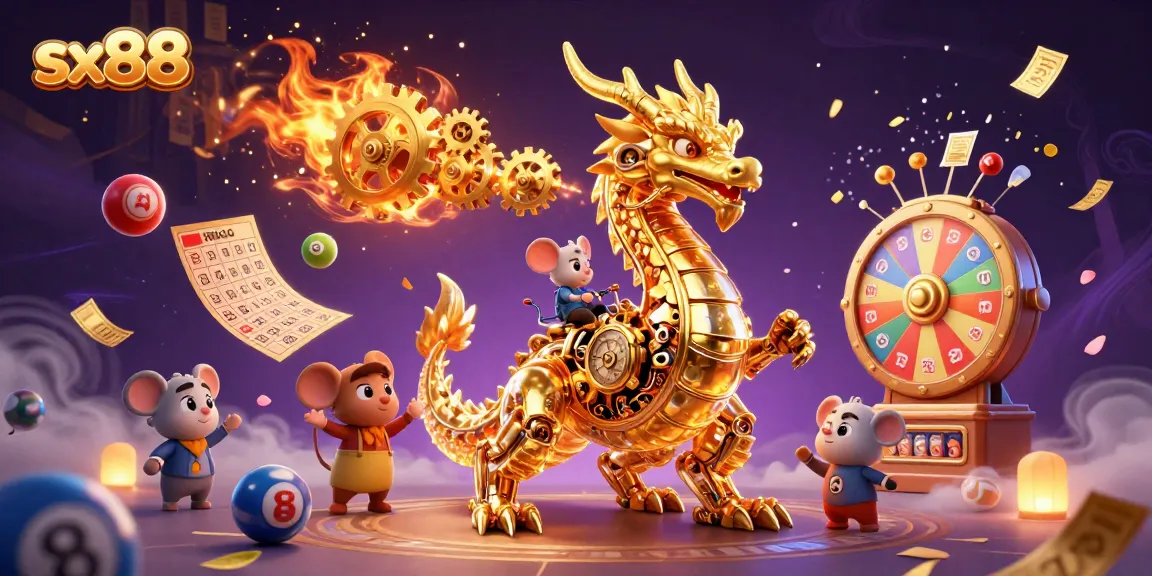 Sx88 players engage in exciting jackpot games with vibrant elements and a dragon mascot.
