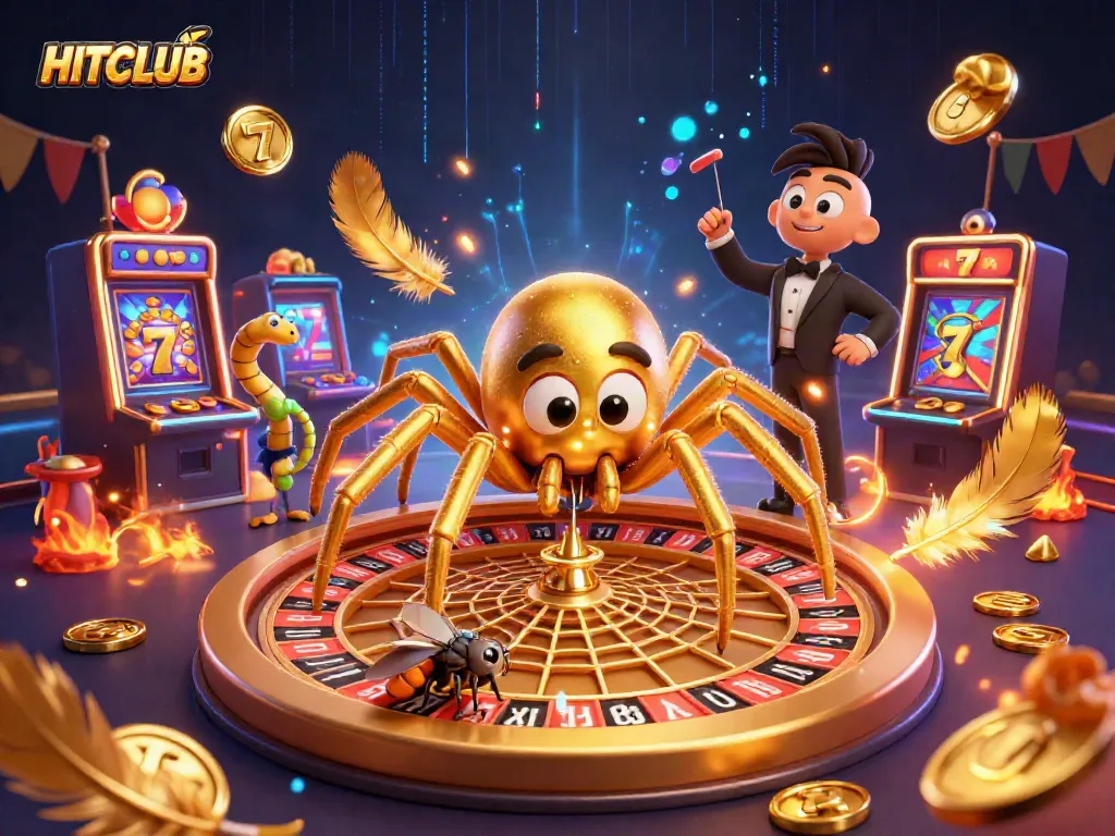 HITCLUB features an energetic scene of a spider and centipede in a vibrant casino environment, encapsulating thrilling gameplay.