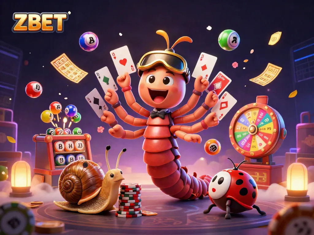 ZBET dealer fanning cards amid colorful lottery elements and dynamic casino atmosphere