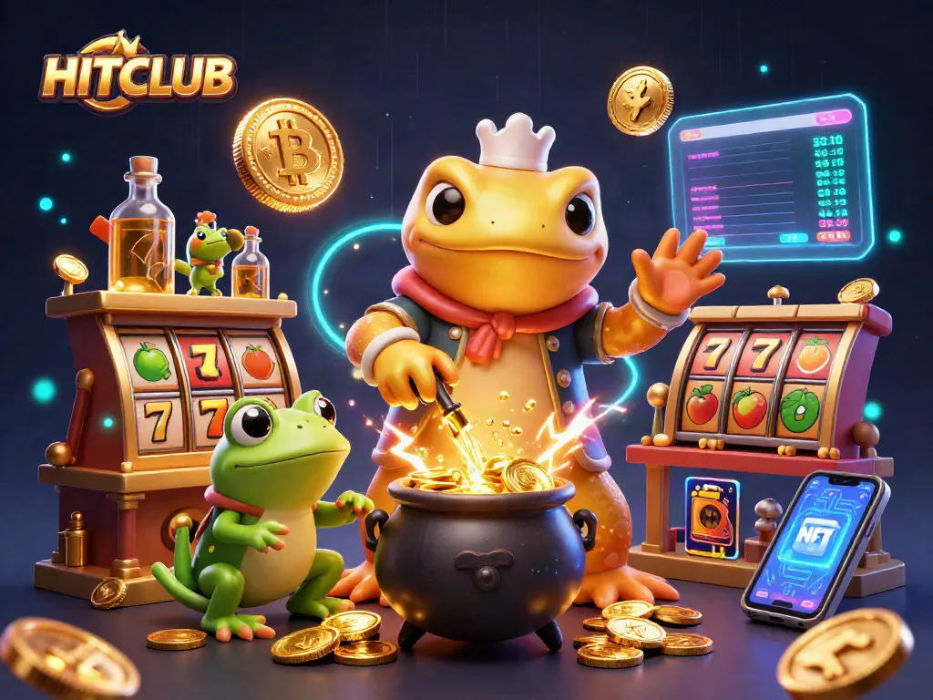 HITCLUB engages players with a vibrant casino scene featuring dynamic slot machines and golden alchemists.