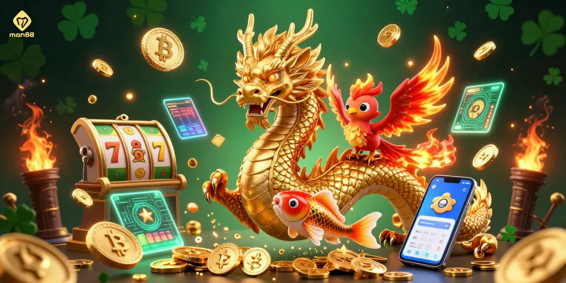 Play bold with man88, showcasing a dazzling golden dragon and fiery phoenix in an immersive casino experience.