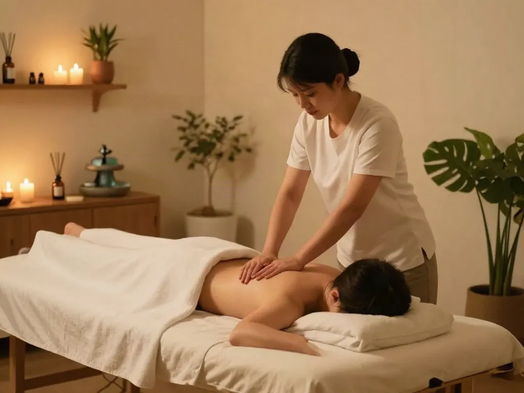 안양출장안마 massage therapist providing a relaxing therapy session in a serene home environment