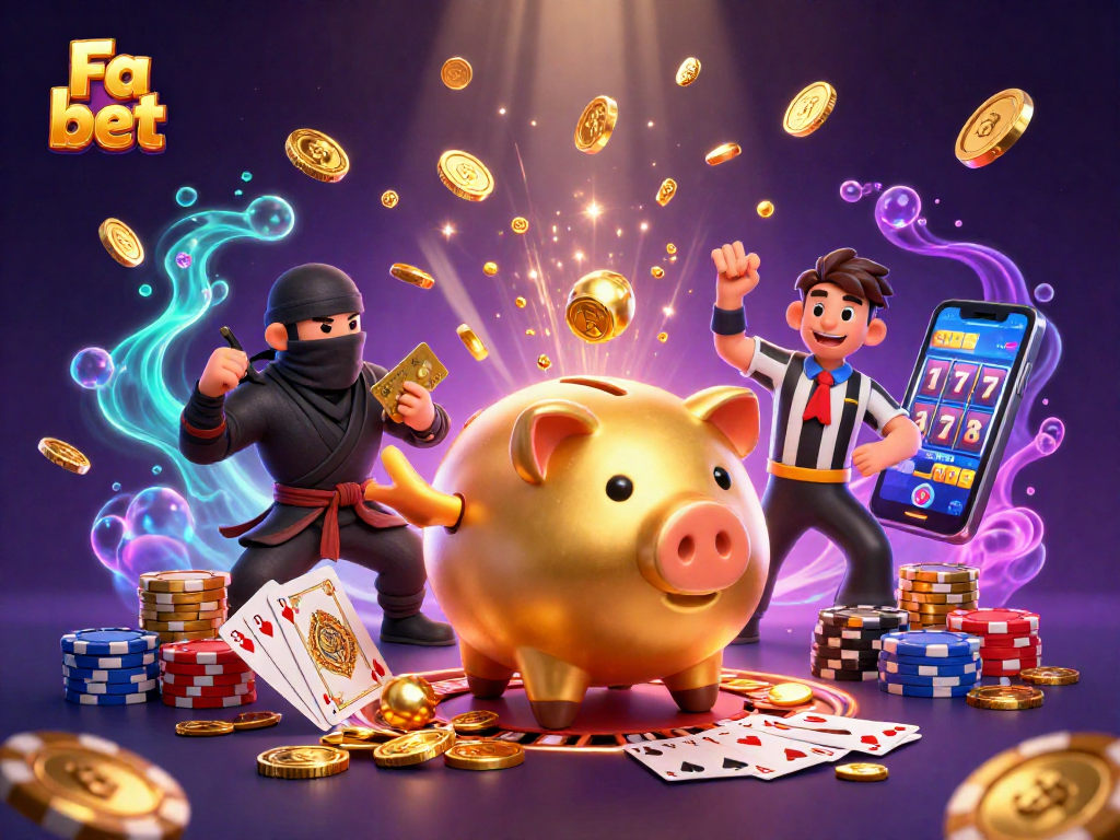 Experience Fa bet's exhilarating world with vibrant characters, spinning roulette, and flying coins.